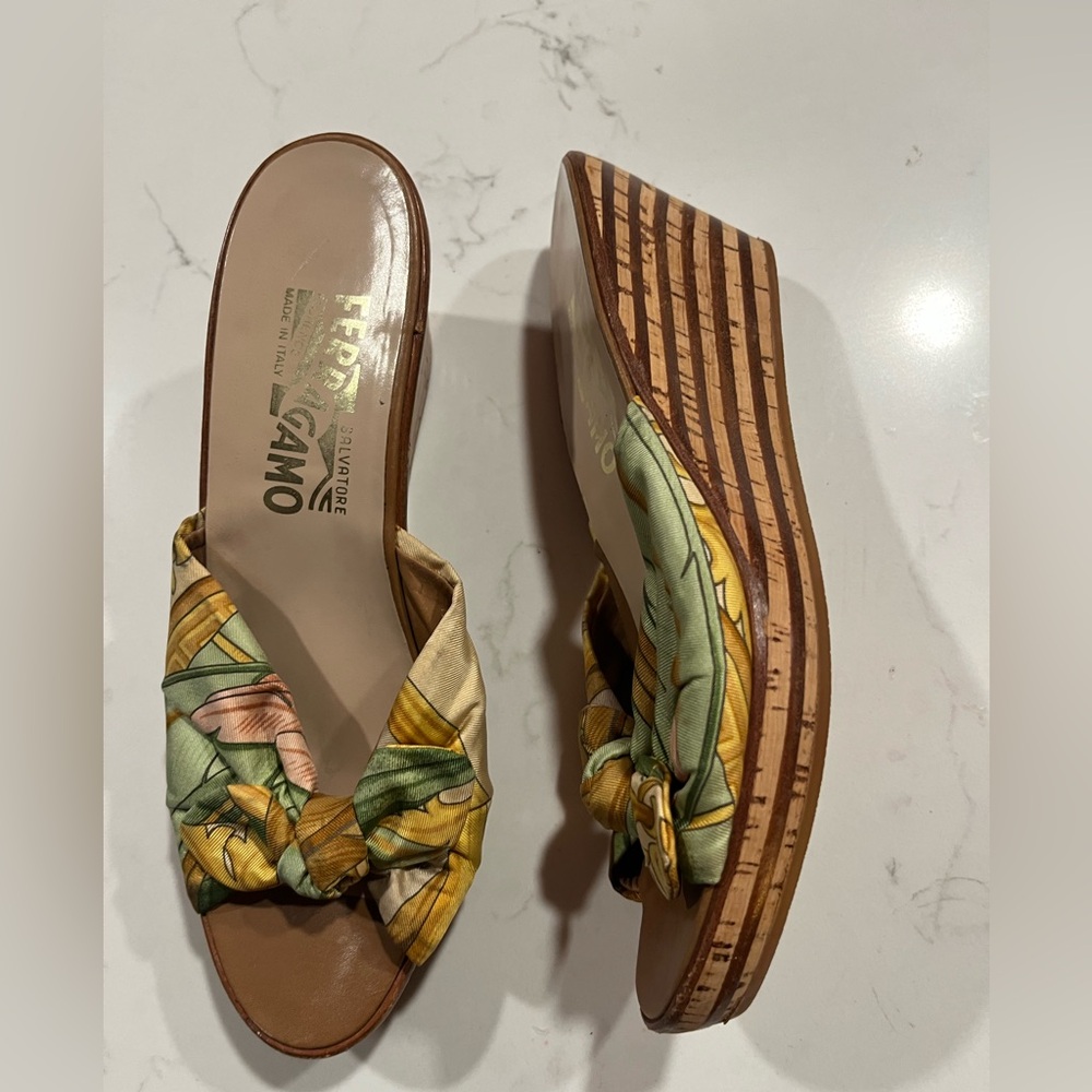 Salvatore Ferragamo Multicolor Silk Knot Wedge Slides - Green, Yellow, Brown - Picture 3 of 8